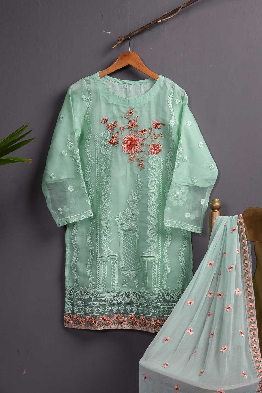 Organza Embroidered Kurti with Chiffon Dupatta - Cold Light (P-35-20-SG)