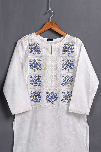 Cambric & Printed Embroidered Kurti - Crossover (P-208-19-White)