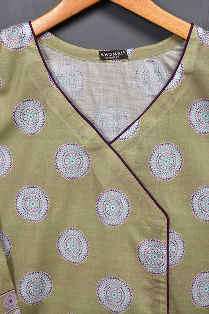 Cambric Printed Kurti - Digital Angrakha (P-66-20-YellowGreen)