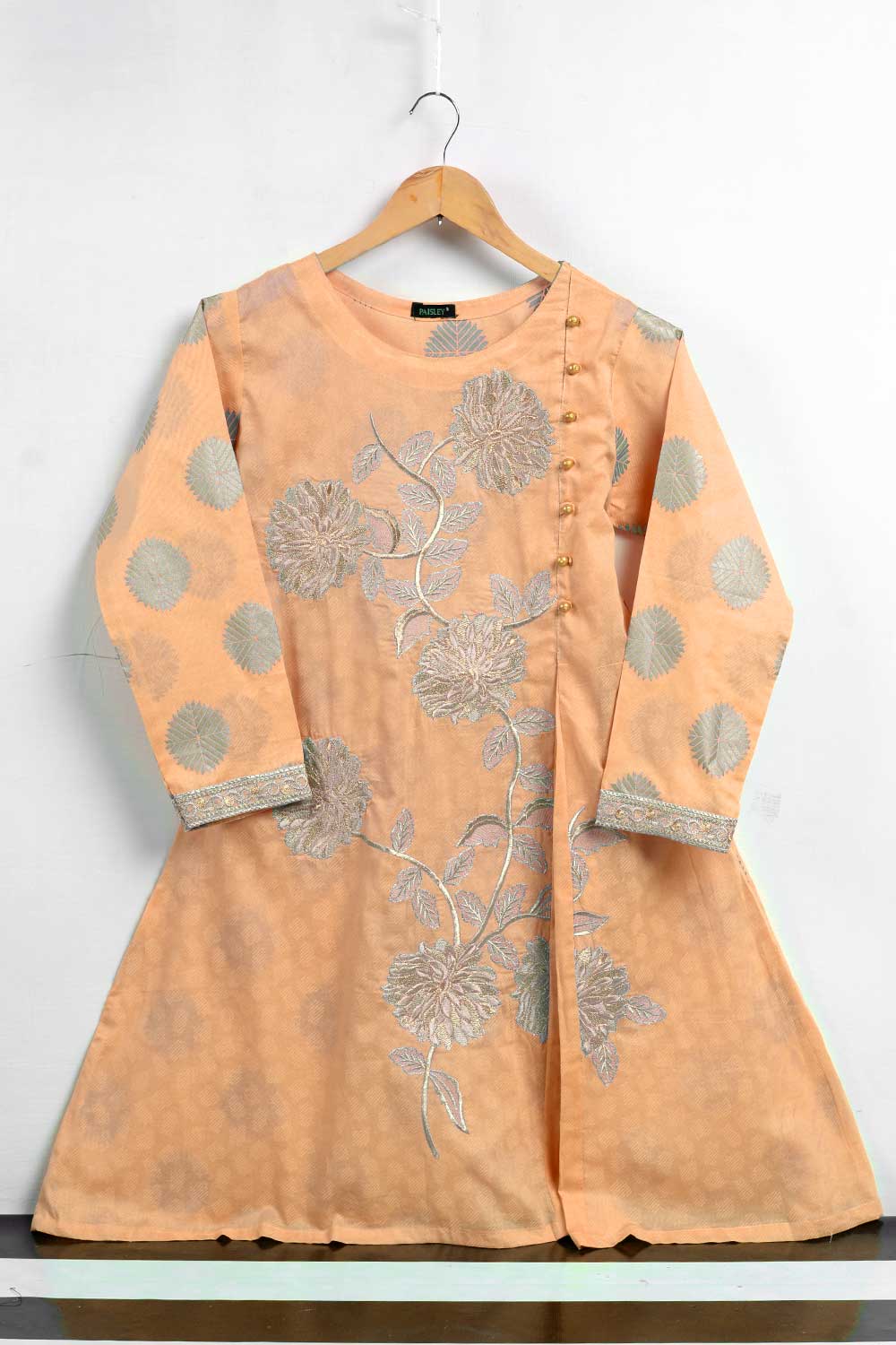 Cambric Printed & Embroidered Kurti - Finger Print (P-254-19-Peach)