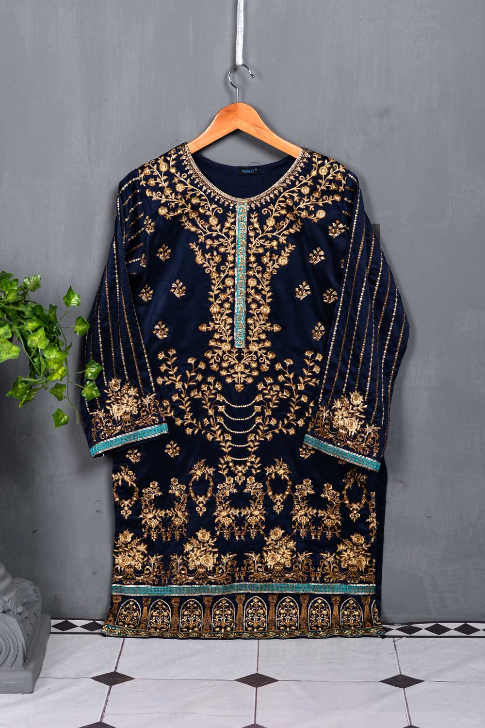 Embrodiered Silk Kurti - Forrest Navy Blue (P-20-20-NavyBlue)