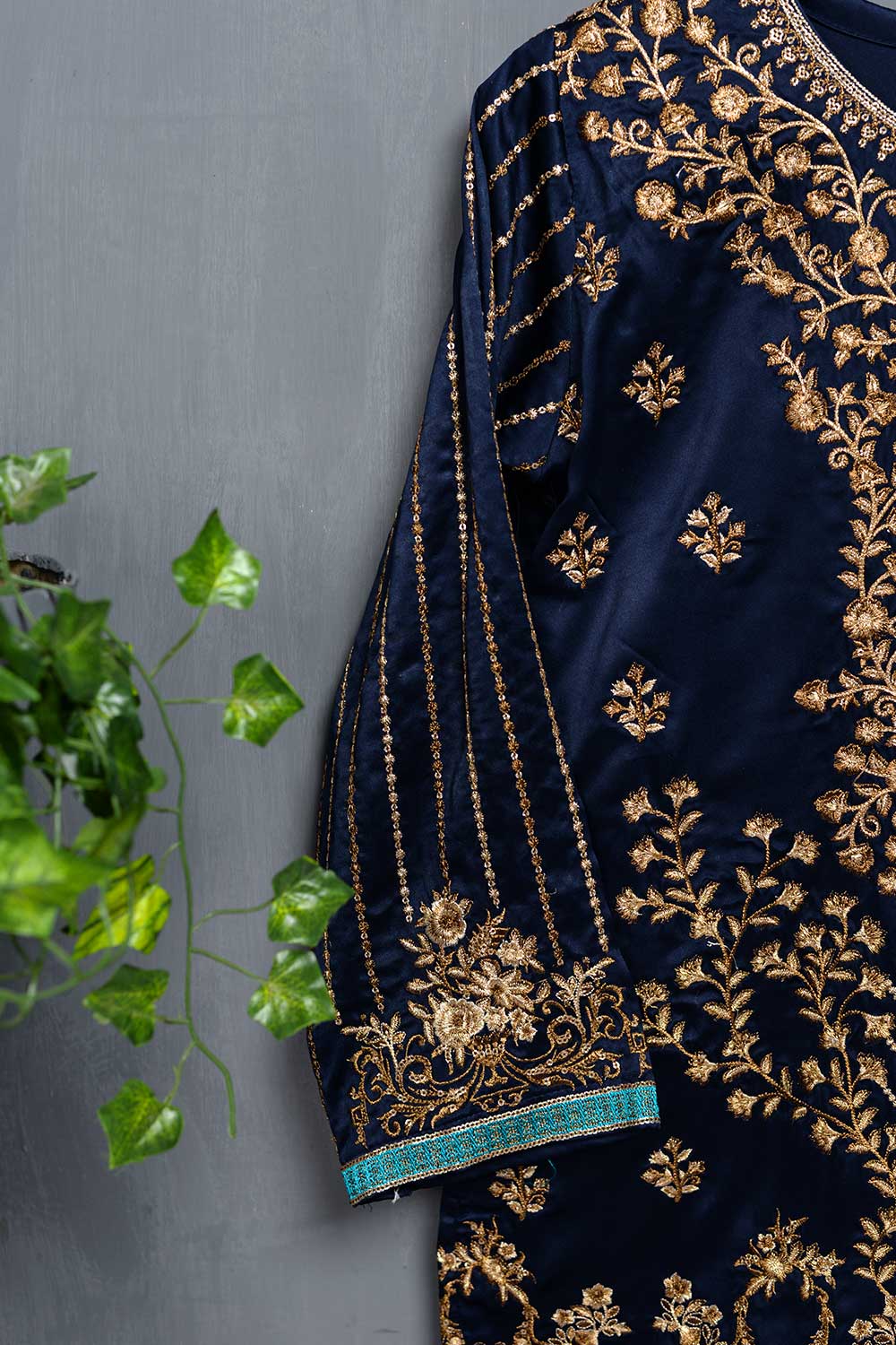 Embrodiered Silk Kurti - Forrest Navy Blue (P-20-20-NavyBlue)