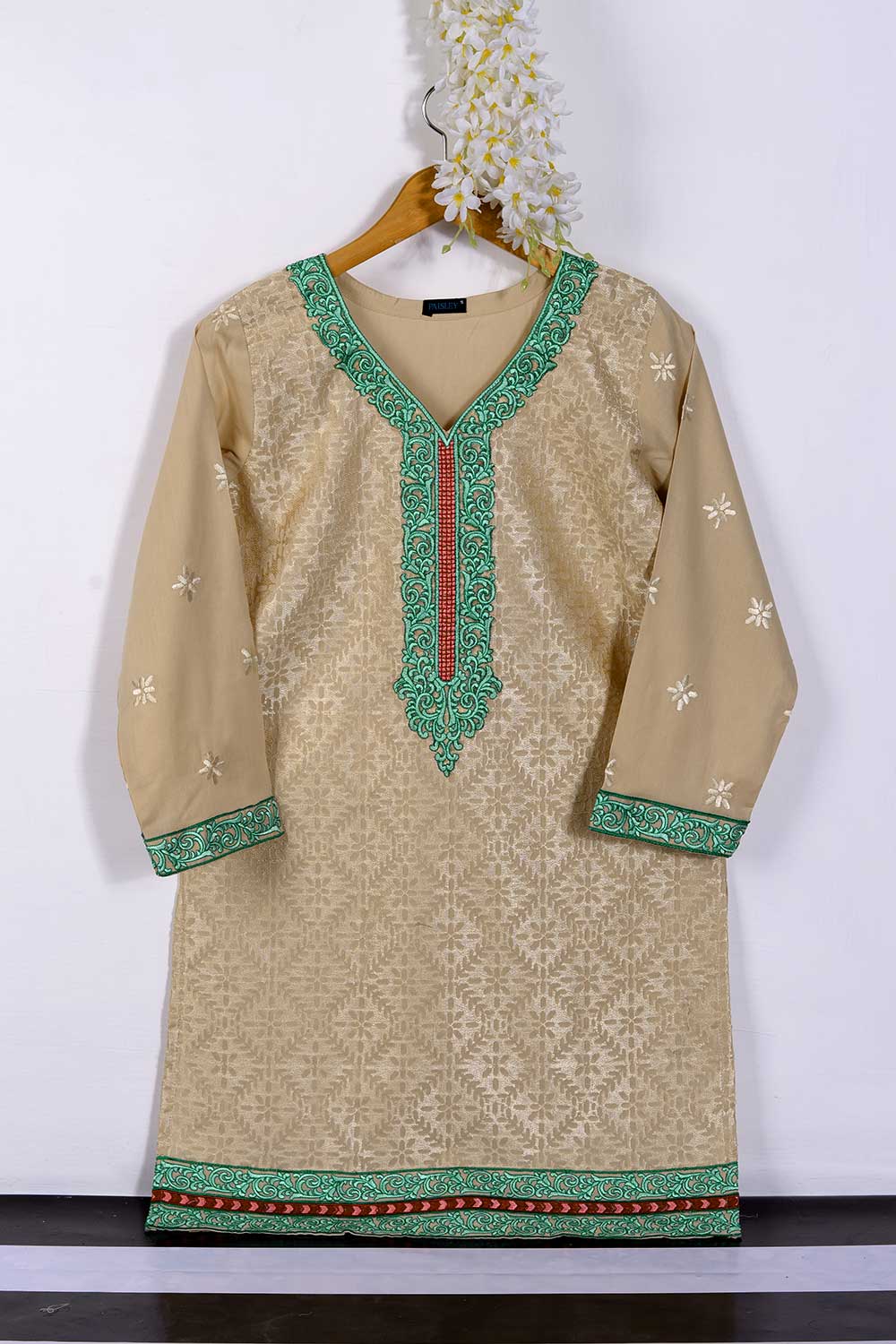 Cambric Printed and Embroidered Kurti - Front Over (P-67-18-Skin)