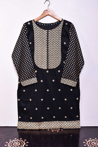 Cambric Printed & Embroidered Kurti - Gold Panel (P-18-21-Black)