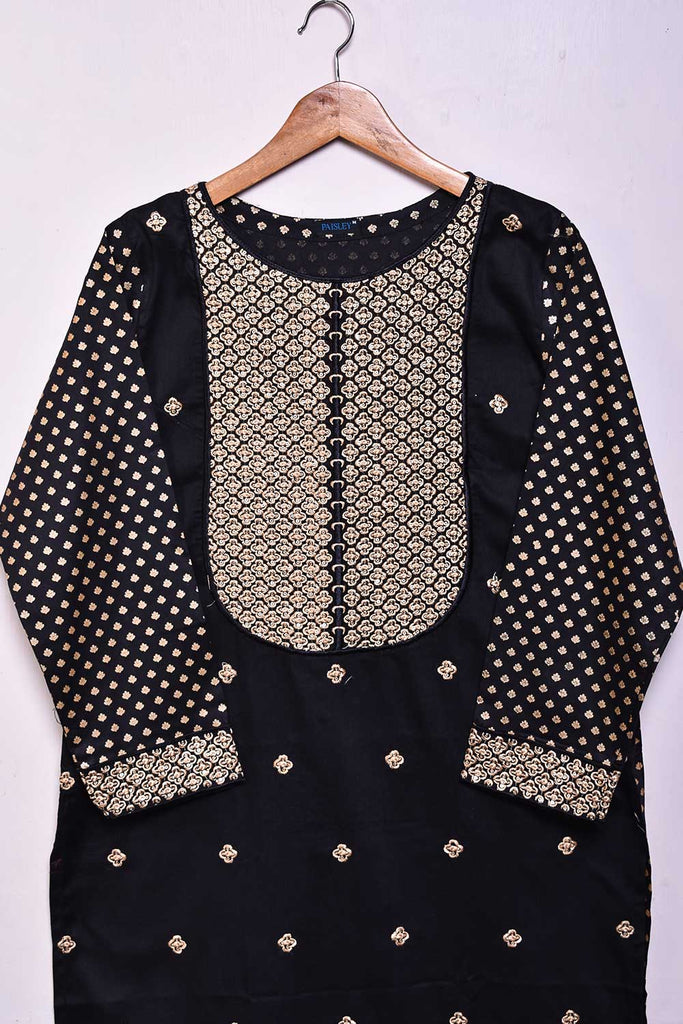 Cambric Printed & Embroidered Kurti - Gold Panel (P-18-21-Black)