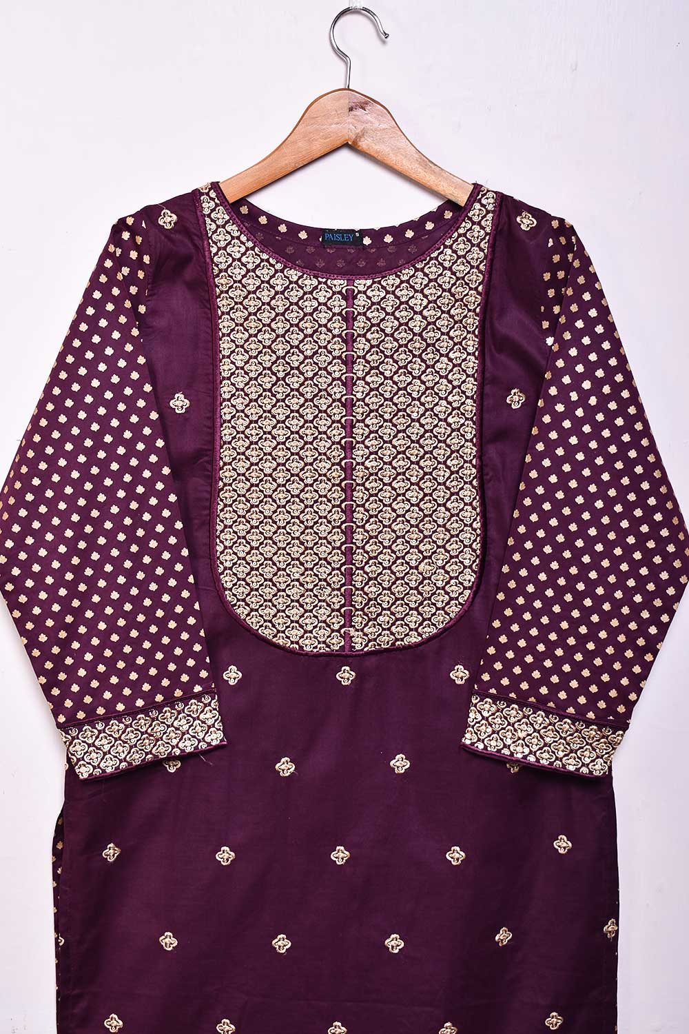 Cambric Printed & Embroidered Kurti - Gold Panel (P-18-21-Magenta)