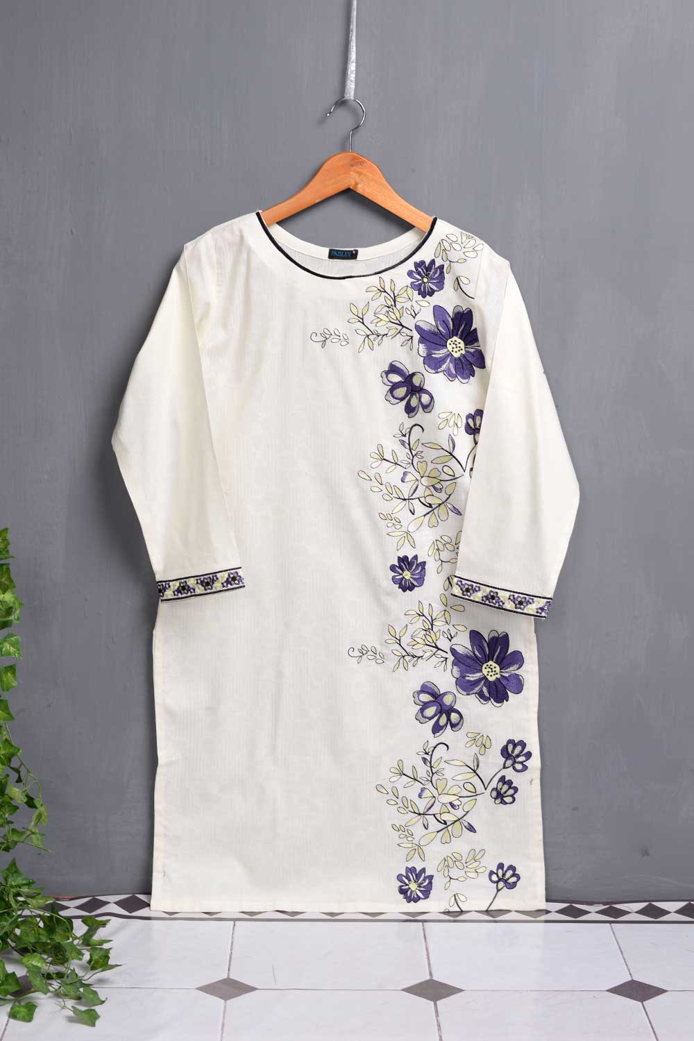 Cambric Embroidered & Printed Kurti - Jail Break (P-202-19-Cream)