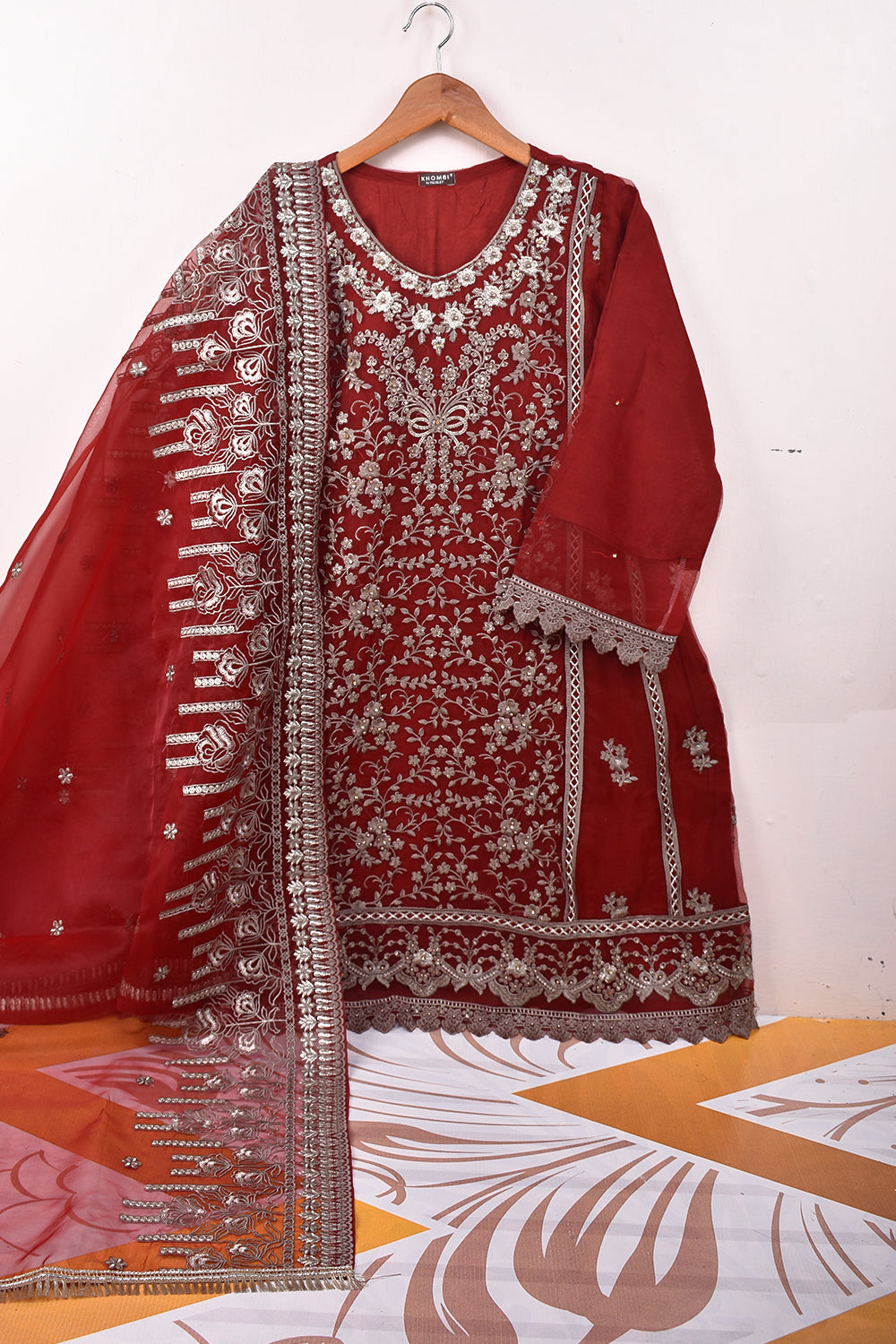 2 Pc Organza Embroidered Stitched Kurti with Organza Embroidered Dupatta - Khombi-05 (K-05-P-Maroon)