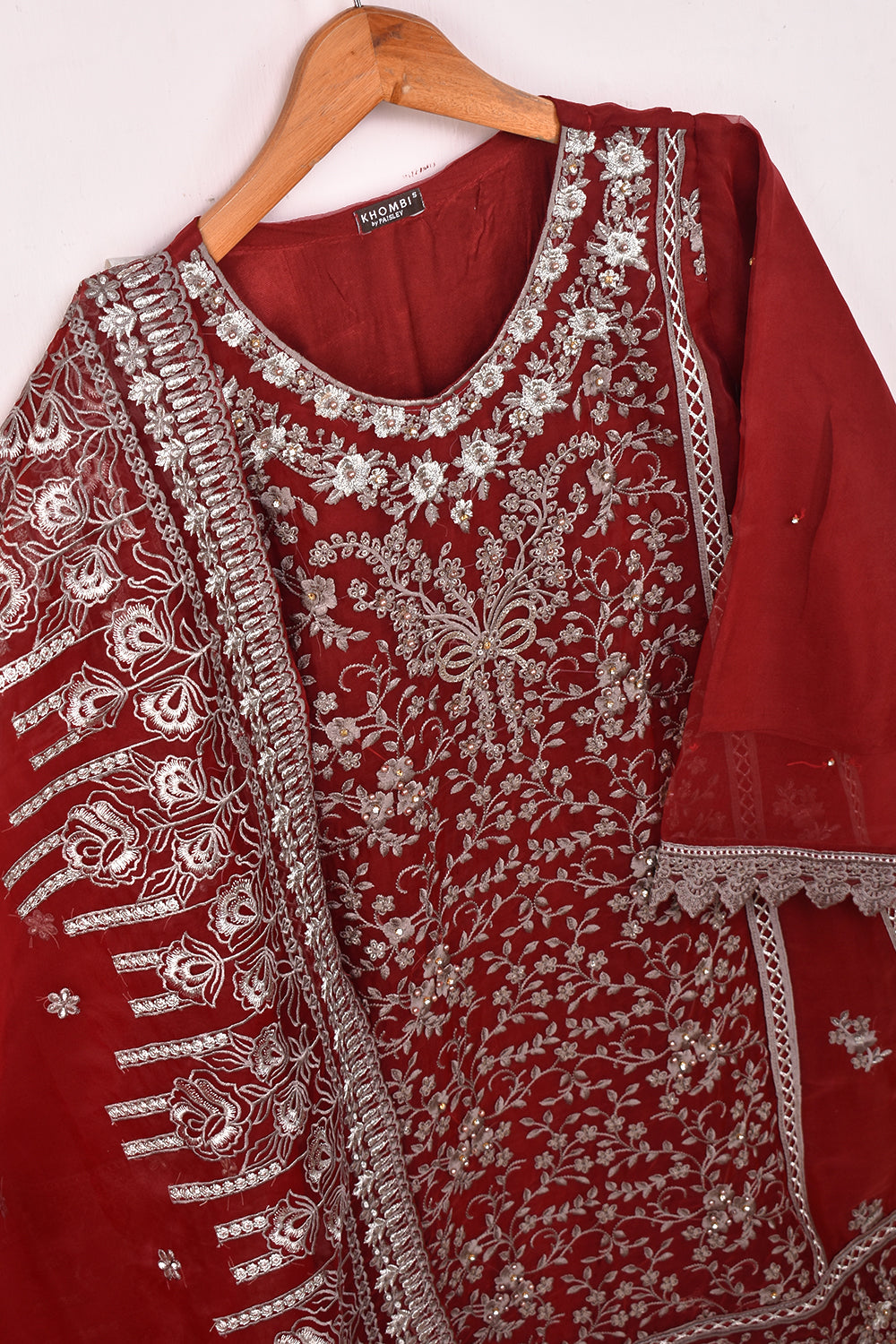 2 Pc Organza Embroidered Stitched Kurti with Organza Embroidered Dupatta - Khombi-05 (K-05-P-Maroon)