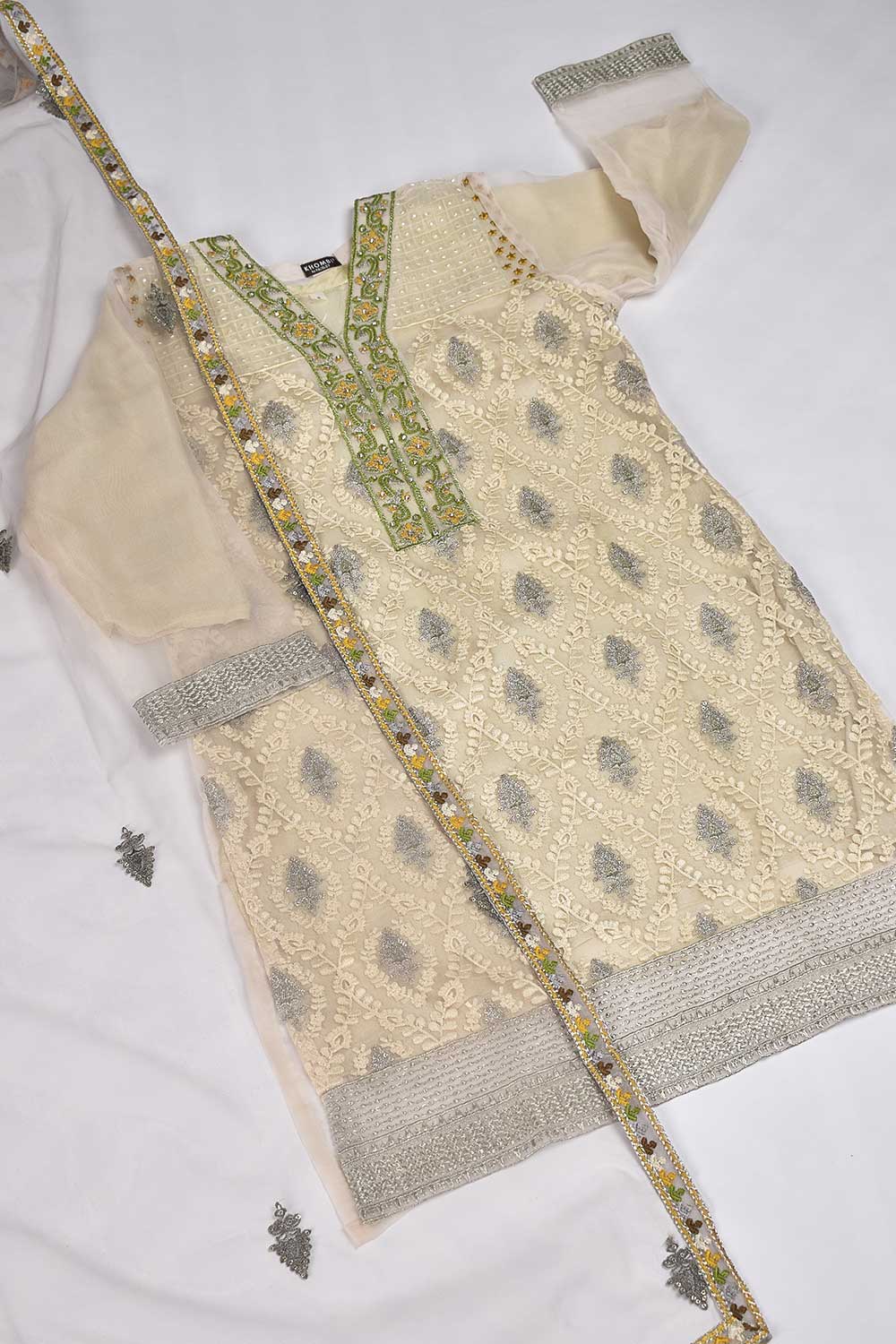 2 Pc Organza Embroidered Stitched Kurti with Net Embroidered Dupatta - Khombi 06 (K-06-P-Cream)