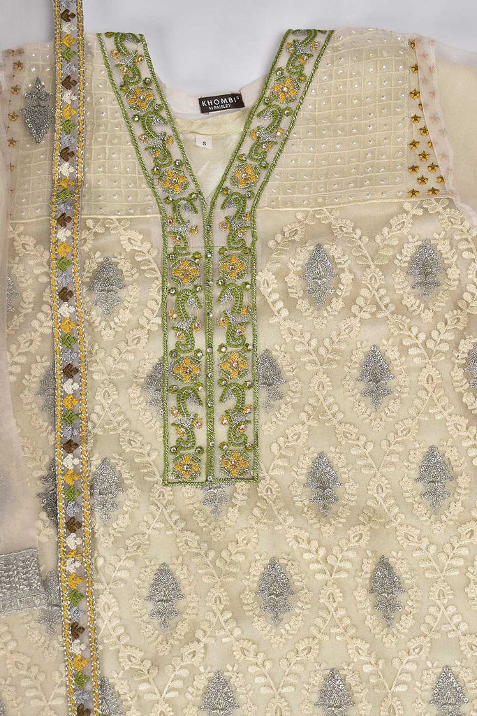 2 Pc Organza Embroidered Stitched Kurti with Net Embroidered Dupatta - Khombi 06 (K-06-P-Cream)