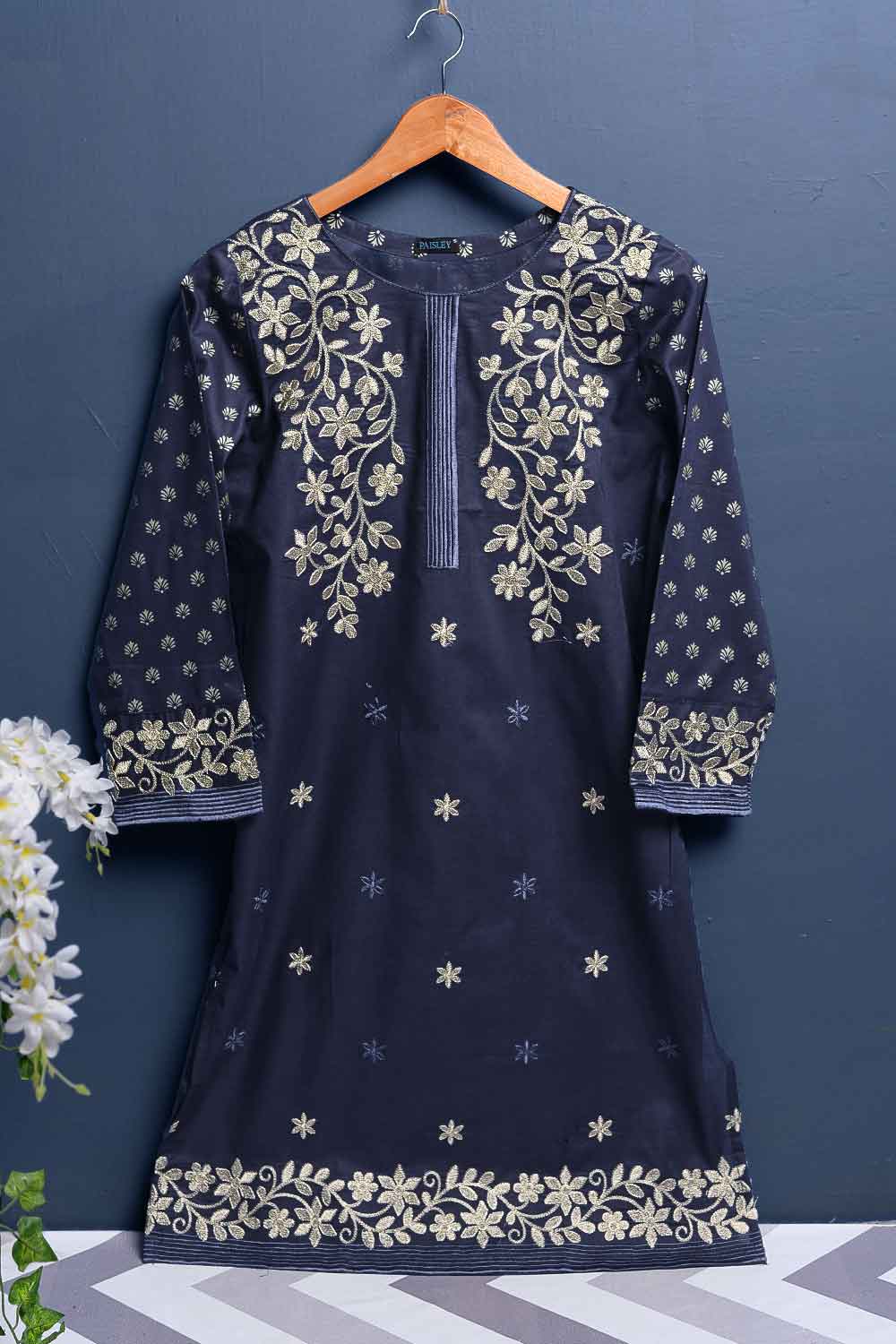 Cambric Printed & Embroidered Kurti - Laavish (P-83-18-NB)