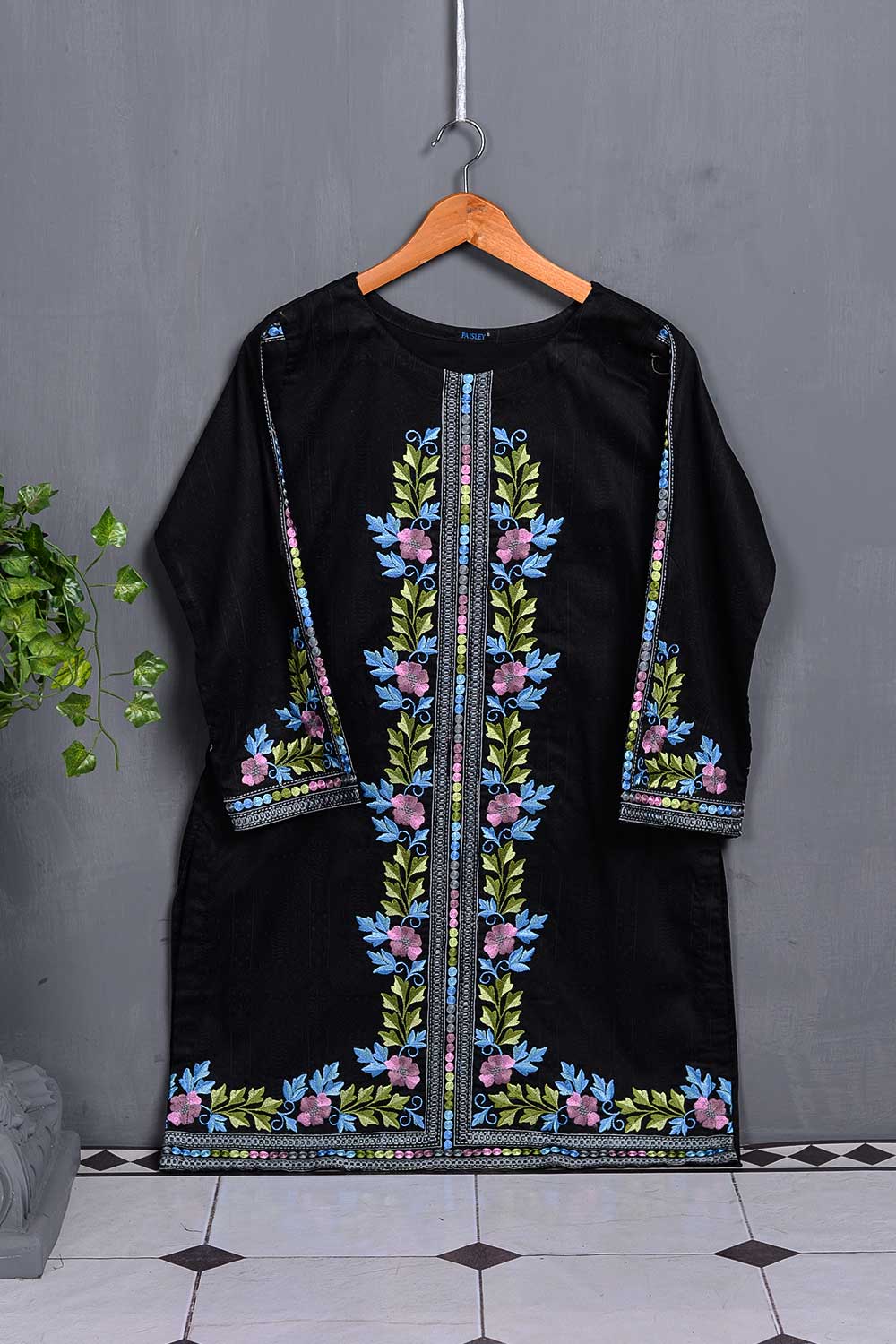 Cambric Printed & Embroidered Kurti - Ladder (P-13-20-Black)