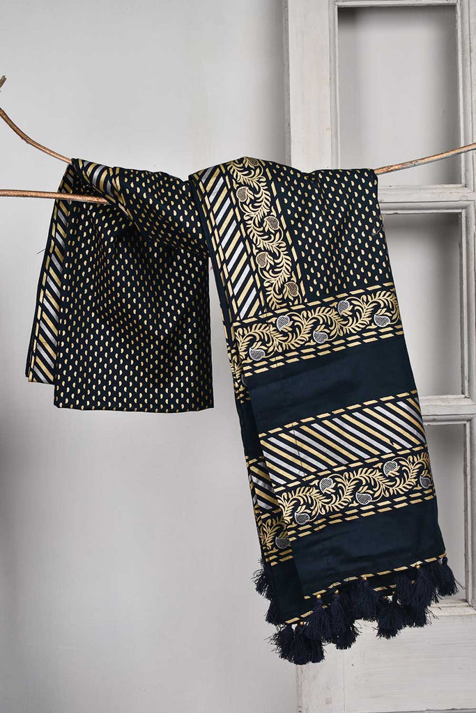 Cotton Printed Dupatta with Tassels - Midnight Frost (CPD-02A)