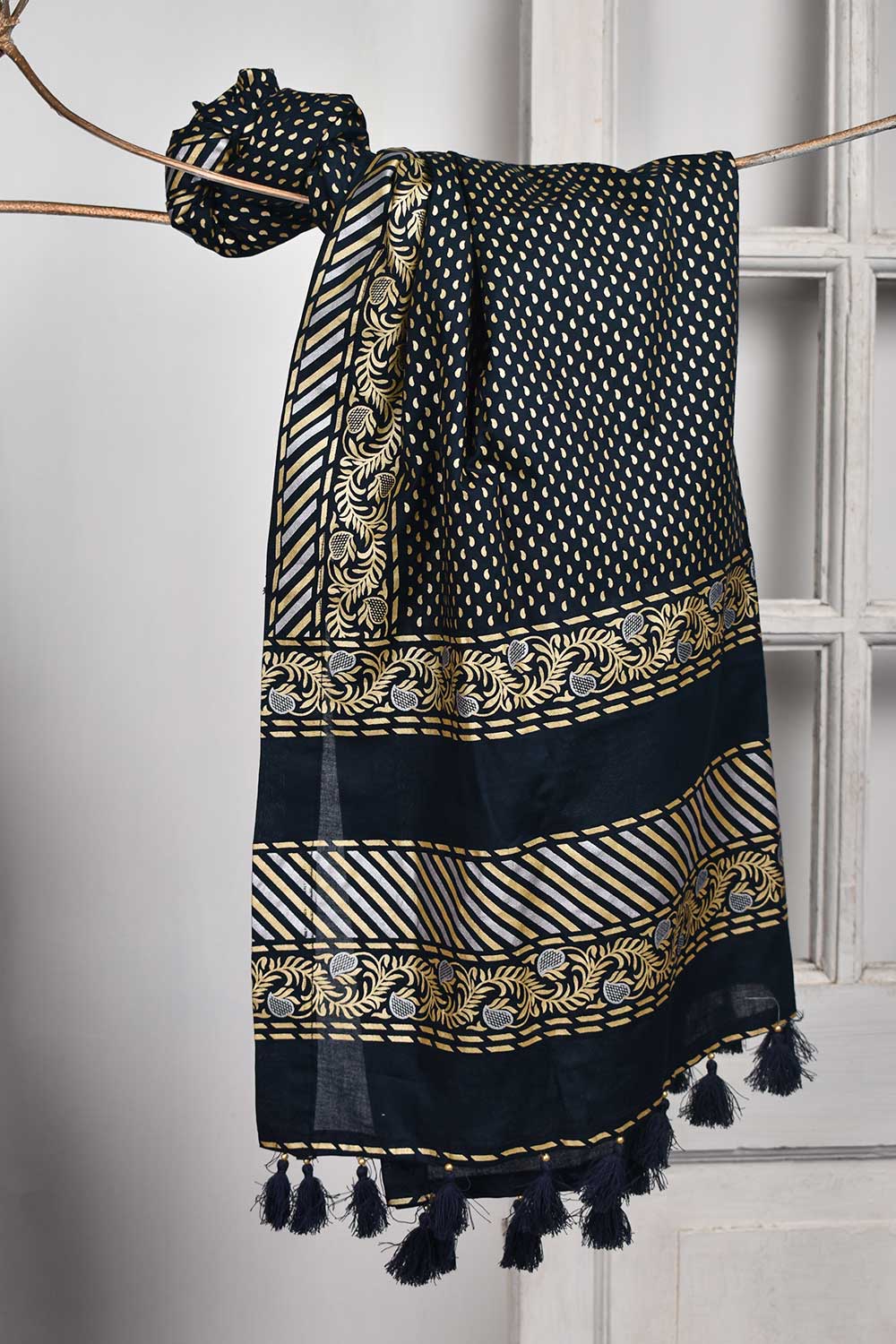 Cotton Printed Dupatta with Tassels - Midnight Frost (CPD-02A)