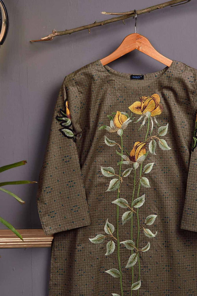 Cambric Embroidered & Printed Kurti - Mill (P-139-19-Khaaki-YF)