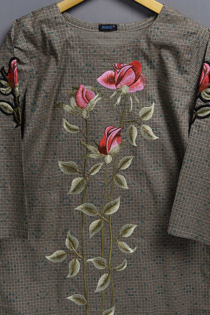 Cambric Embroidered & Printed Kurti - Mill (P-139-19-Khaaki)