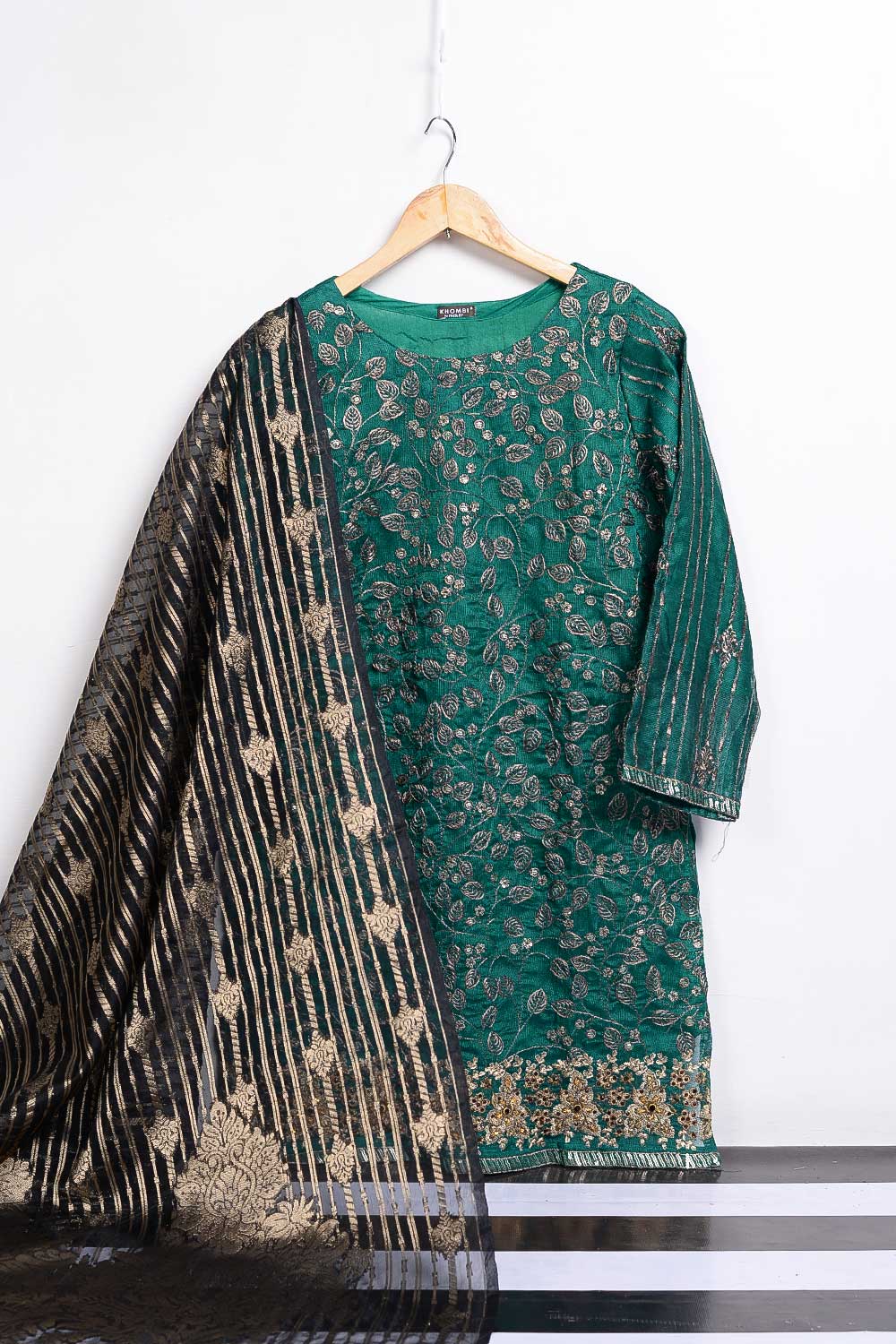 Raw Silk Khaddi Net Kurti with Organza Jacquard Dupatta - ORG-001-P-40-20 (Green)