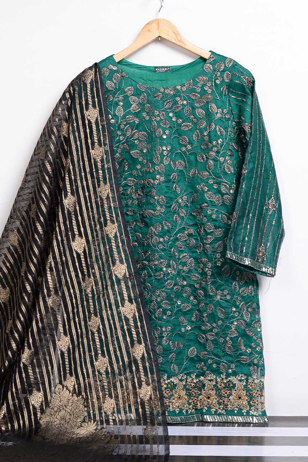 Raw Silk Khaddi Net Kurti with Organza Jacquard Dupatta - ORG-001-P-40-20 (Green)