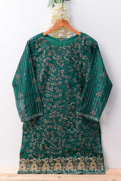 Raw Silk Khaddi Net Kurti with Organza Jacquard Dupatta - ORG-001-P-40-20 (Green)