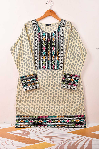 Cambric Embroidered & Printed Kurti - Optical (P-06-20-Skin)