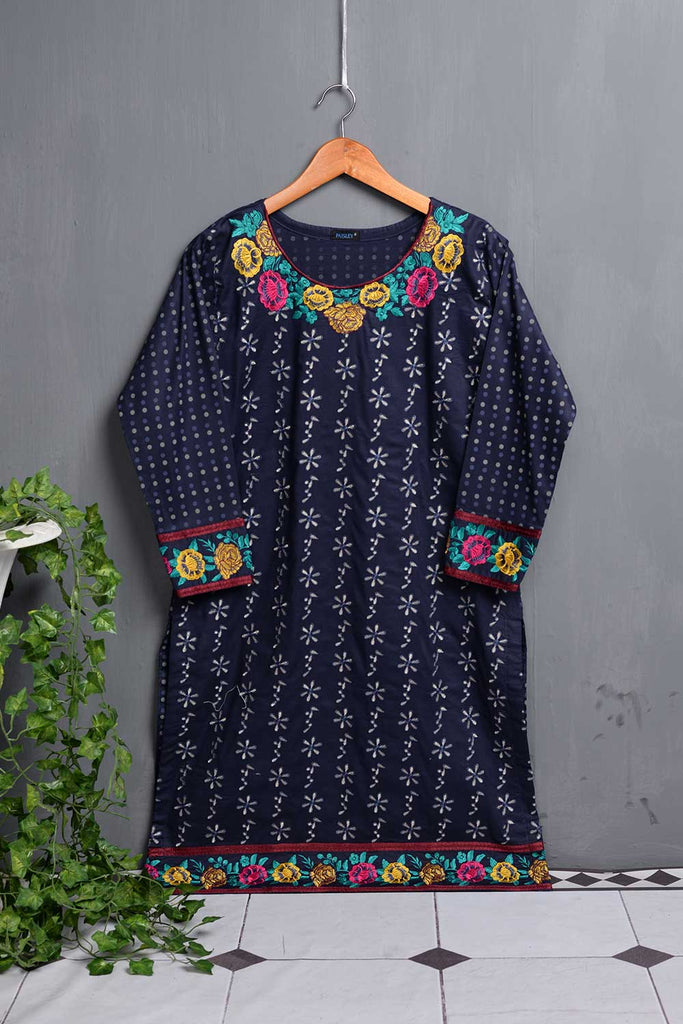 Cambric Embroidered & Printed Kurti - Outline (P-240-19-Blue)