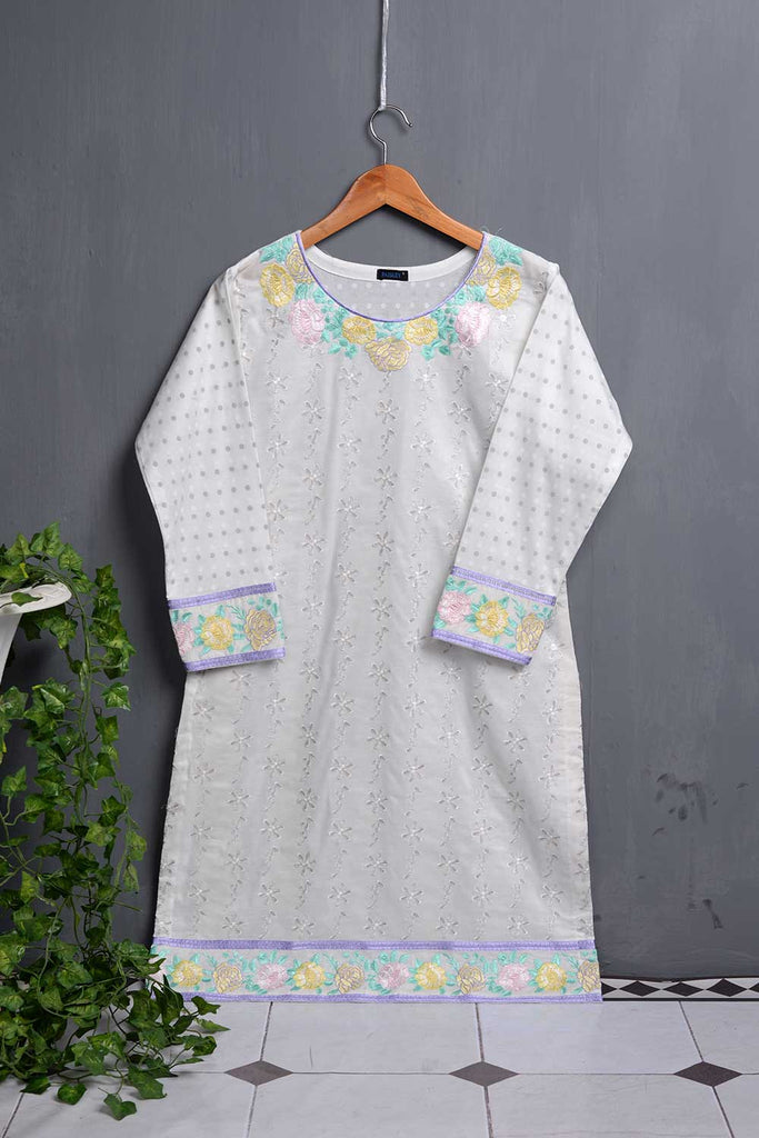Cambric Embroidered & Printed Kurti - Outline (P-240-19-White)