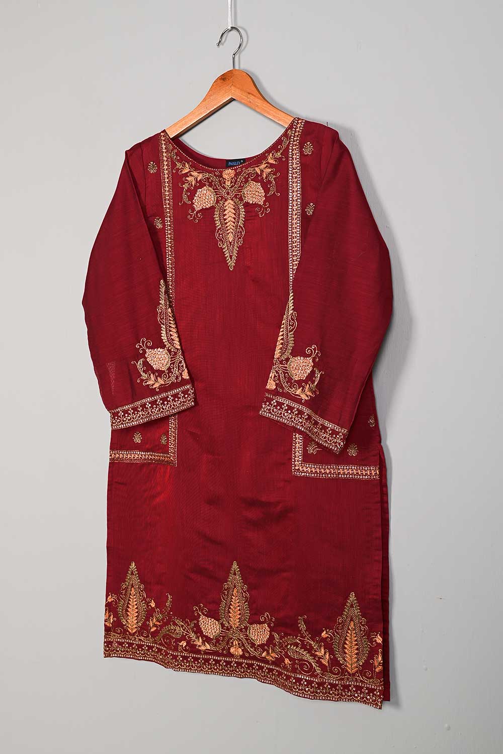 P-06-22-Maroon- Side Panels - Paper Cotton Embroidered Kurti