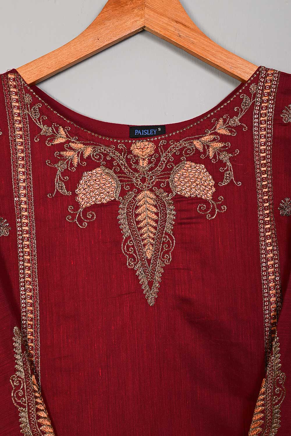 P-06-22-Maroon- Side Panels - Paper Cotton Embroidered Kurti