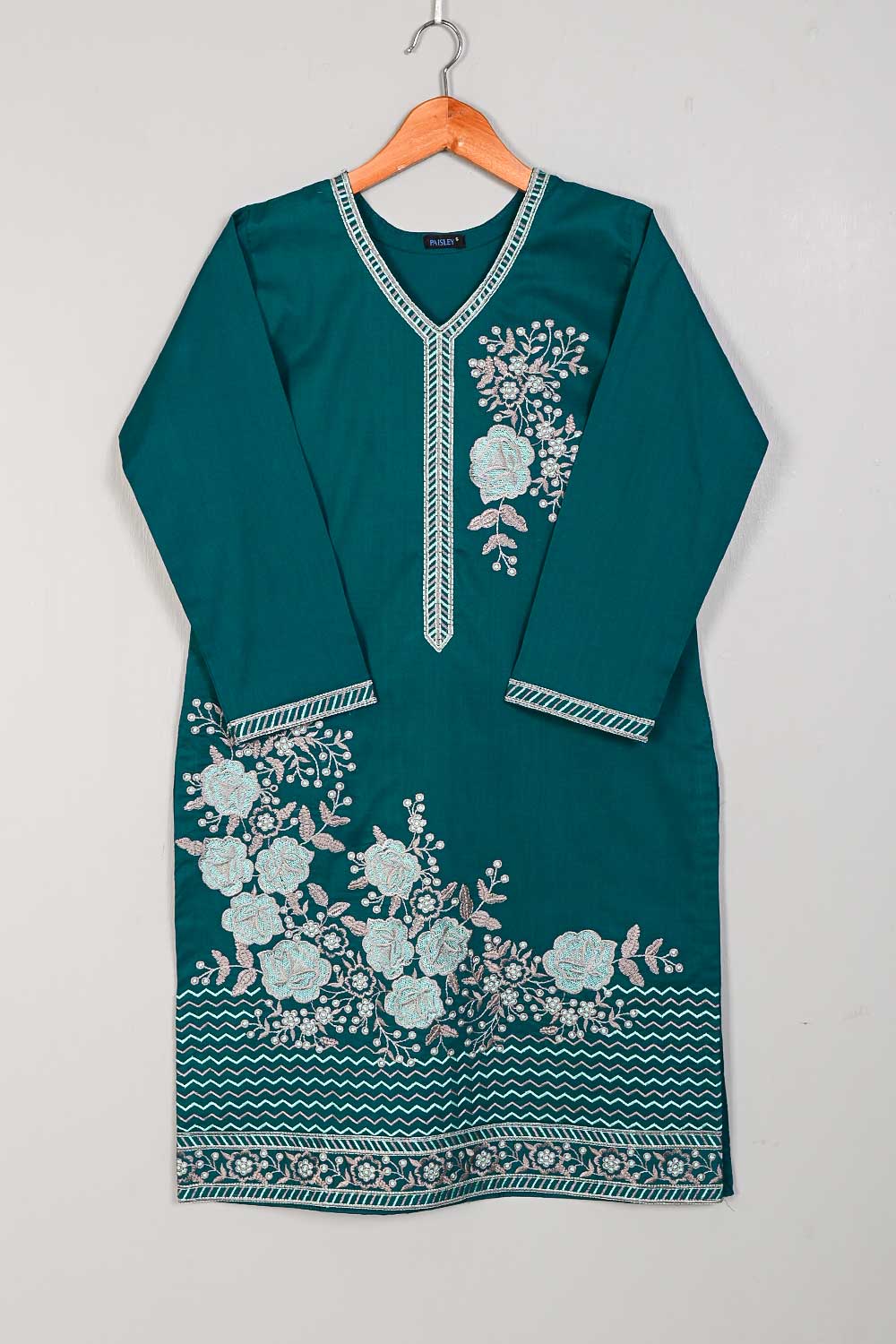 P-32-22-DarkTurquoise - Crood - Cambric Embroidered Kurti