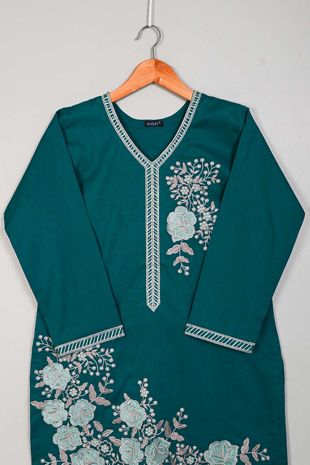 P-32-22-DarkTurquoise - Crood - Cambric Embroidered Kurti