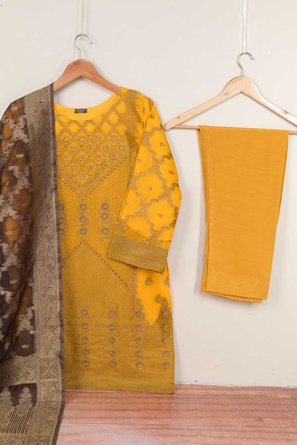 3Pc Organza Embroidered Stitched Kurti with Organza Embroidered Dupatta With Trouser - Organza 3Pc (P-KhOrg3pc-21-Mustard)