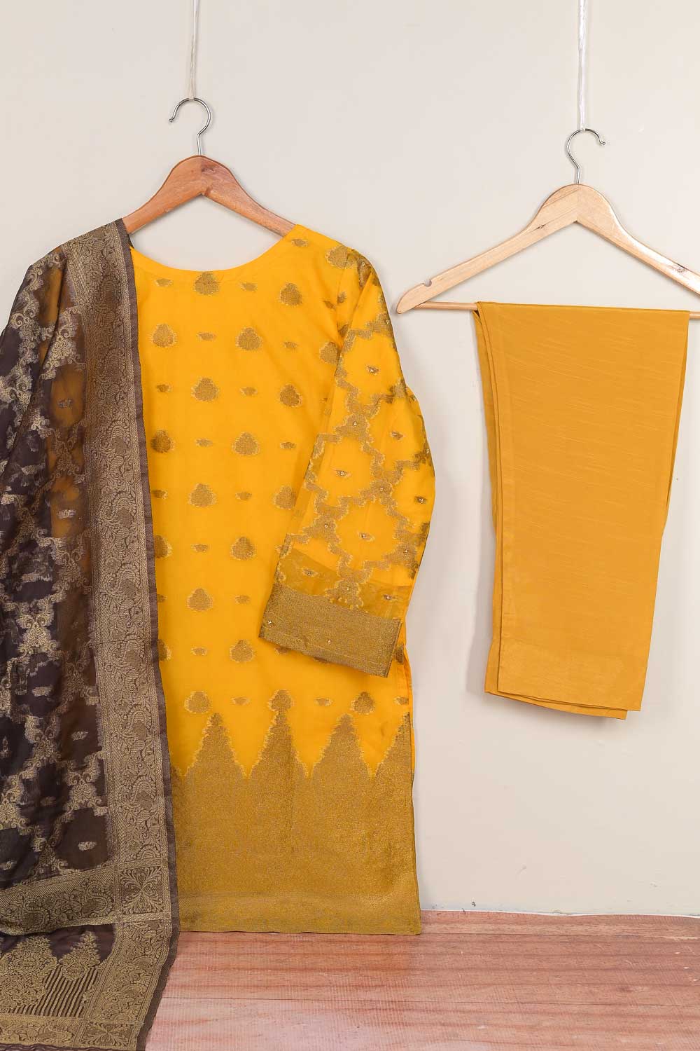 3Pc Organza Embroidered Stitched Kurti with Organza Embroidered Dupatta With Trouser - Organza 3Pc (P-KhOrg3pc-21-Mustard)