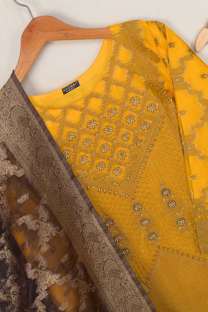 3Pc Organza Embroidered Stitched Kurti with Organza Embroidered Dupatta With Trouser - Organza 3Pc (P-KhOrg3pc-21-Mustard)