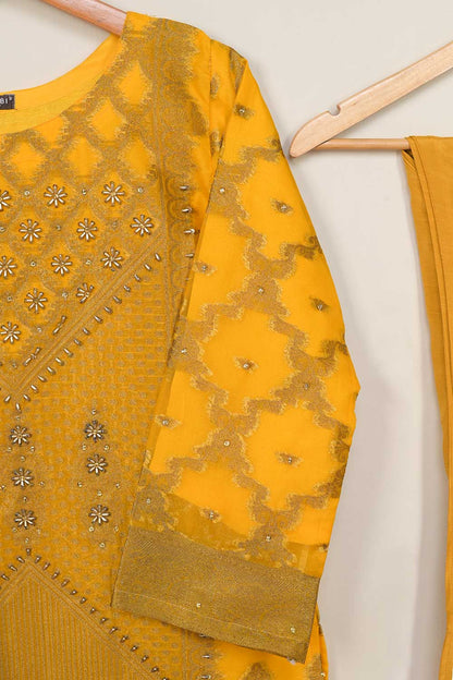 3Pc Organza Embroidered Stitched Kurti with Organza Embroidered Dupatta With Trouser - Organza 3Pc (P-KhOrg3pc-21-Mustard)