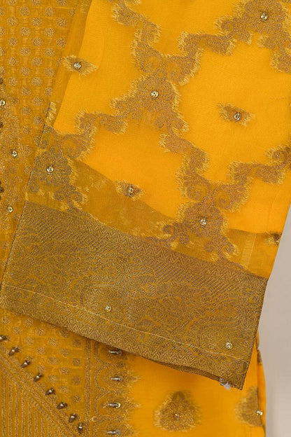 3Pc Organza Embroidered Stitched Kurti with Organza Embroidered Dupatta With Trouser - Organza 3Pc (P-KhOrg3pc-21-Mustard)