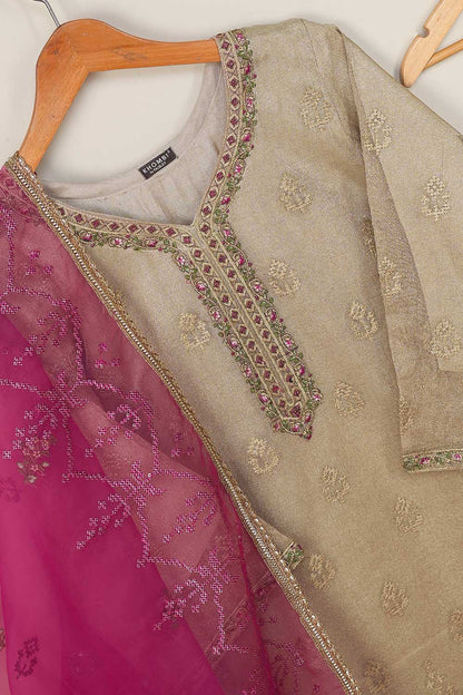 3Pc Organza Embroidered Stitched Kurti with Organza Embroidered Dupatta With Trouser - Zari Net 3Pc (P-KZN-21-Skin)