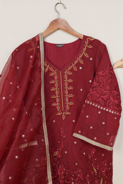 3Pc Organza Embroidered Stitched Kurti with Organza Embroidered Dupatta With Trouser - Organza 3Pc (P-Org3pc-21-Maroon)