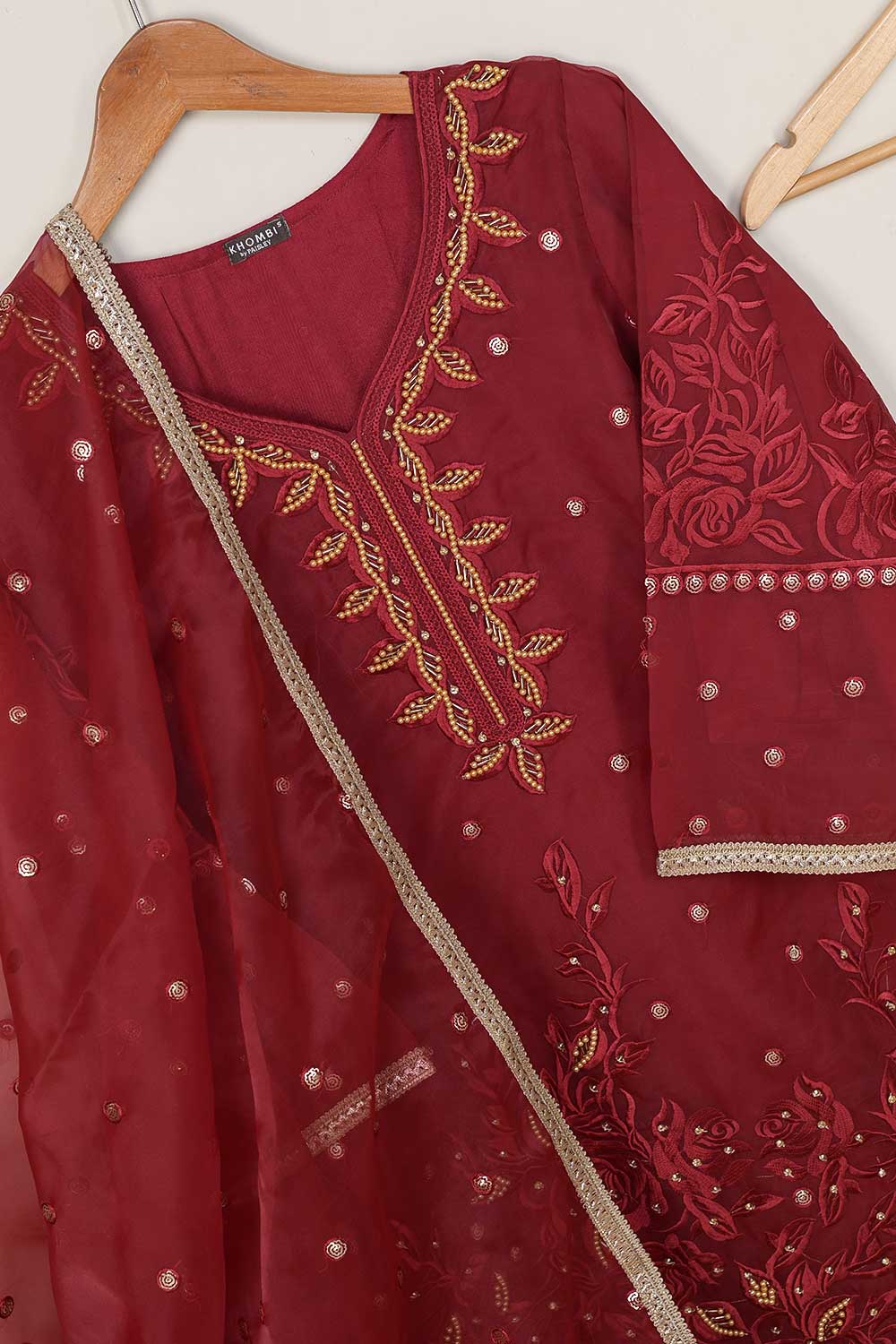 3Pc Organza Embroidered Stitched Kurti with Organza Embroidered Dupatta With Trouser - Organza 3Pc (P-Org3pc-21-Maroon)