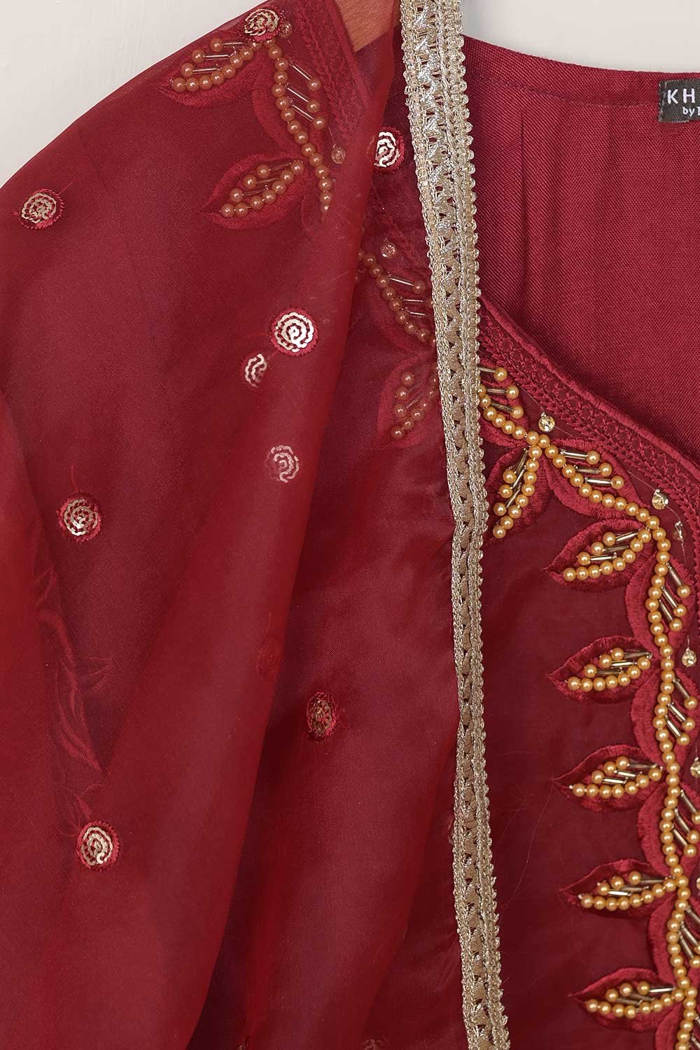 3Pc Organza Embroidered Stitched Kurti with Organza Embroidered Dupatta With Trouser - Organza 3Pc (P-Org3pc-21-Maroon)