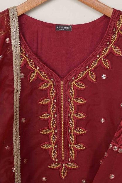 3Pc Organza Embroidered Stitched Kurti with Organza Embroidered Dupatta With Trouser - Organza 3Pc (P-Org3pc-21-Maroon)