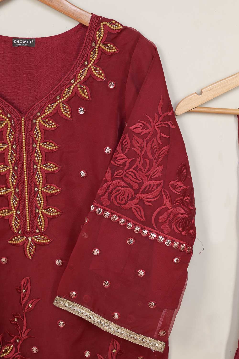 3Pc Organza Embroidered Stitched Kurti with Organza Embroidered Dupatta With Trouser - Organza 3Pc (P-Org3pc-21-Maroon)