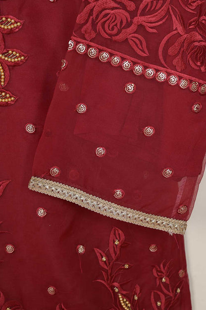 3Pc Organza Embroidered Stitched Kurti with Organza Embroidered Dupatta With Trouser - Organza 3Pc (P-Org3pc-21-Maroon)