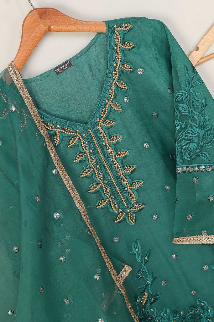 3Pc Organza Embroidered Stitched Kurti with Organza Embroidered Dupatta With Trouser - Organza 3Pc (P-Org3pc-21-TealGreen)