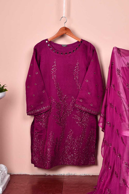 2 Pc Embroidered Organza Kurti with Embrodiered Chiffon Dupatta - Paper Cotton 2pc (P-62-20-Pink)