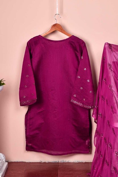 2 Pc Embroidered Organza Kurti with Embrodiered Chiffon Dupatta - Paper Cotton 2pc (P-62-20-Pink)