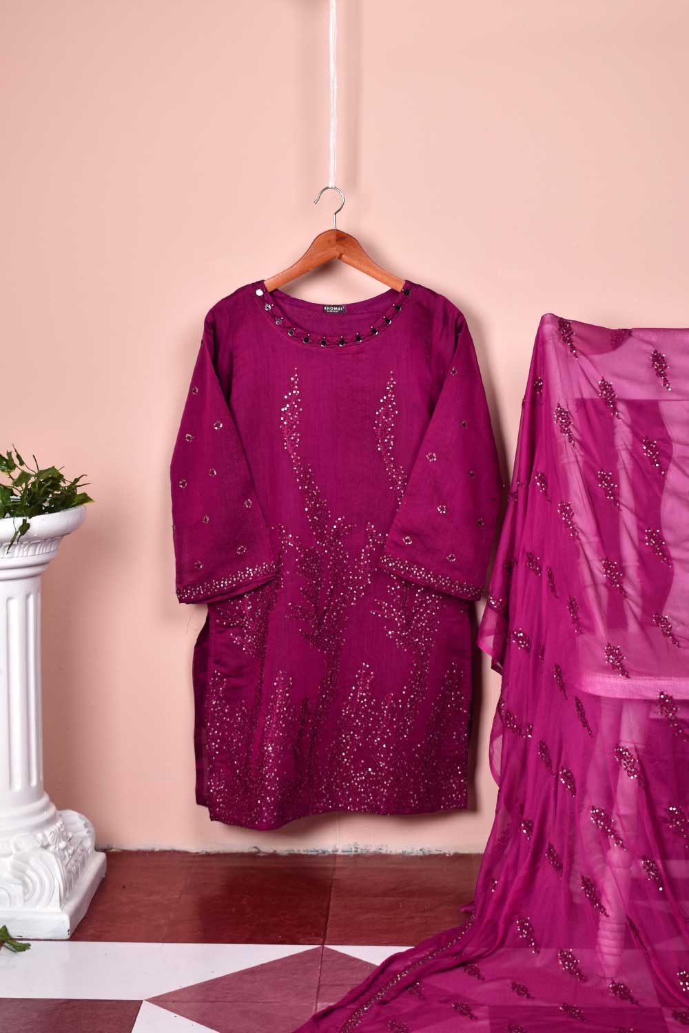 2 Pc Embroidered Organza Kurti with Embrodiered Chiffon Dupatta - Paper Cotton 2pc (P-62-20-Pink)