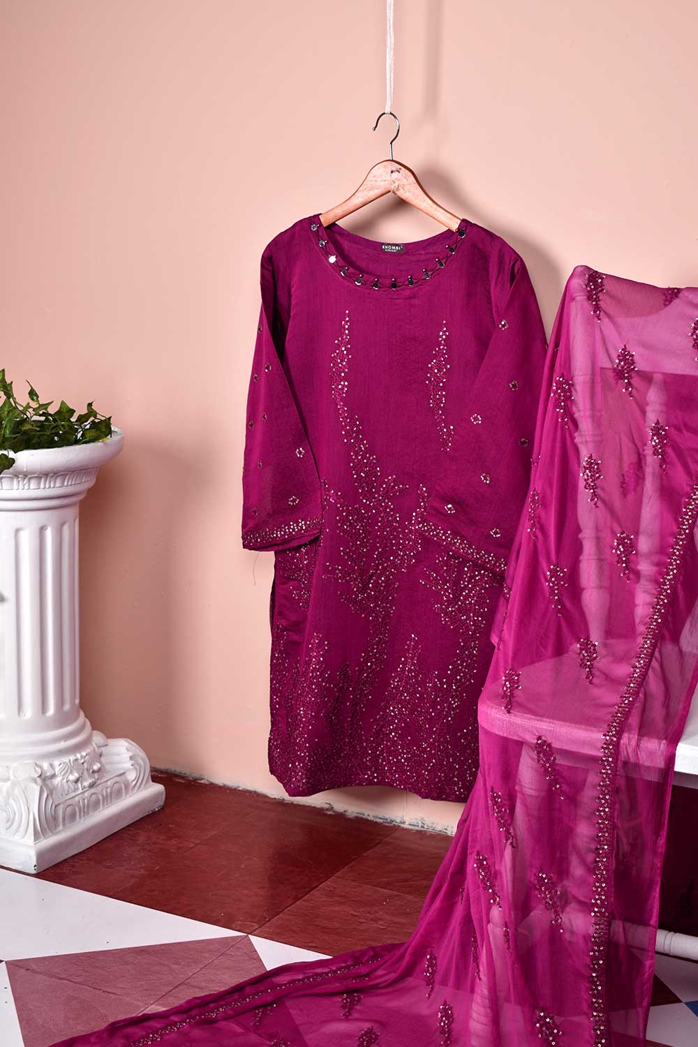 2 Pc Embroidered Organza Kurti with Embrodiered Chiffon Dupatta - Paper Cotton 2pc (P-62-20-Pink)