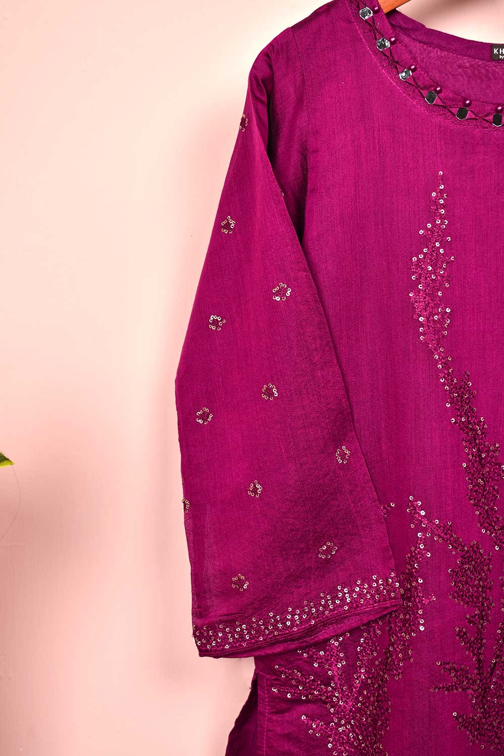 2 Pc Embroidered Organza Kurti with Embrodiered Chiffon Dupatta - Paper Cotton 2pc (P-62-20-Pink)