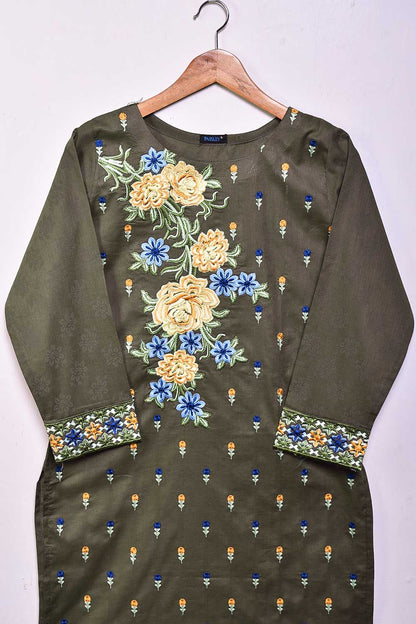 Cambric Printed & Embroidered Kurti - Peculiar (P-21-21-Khaki)